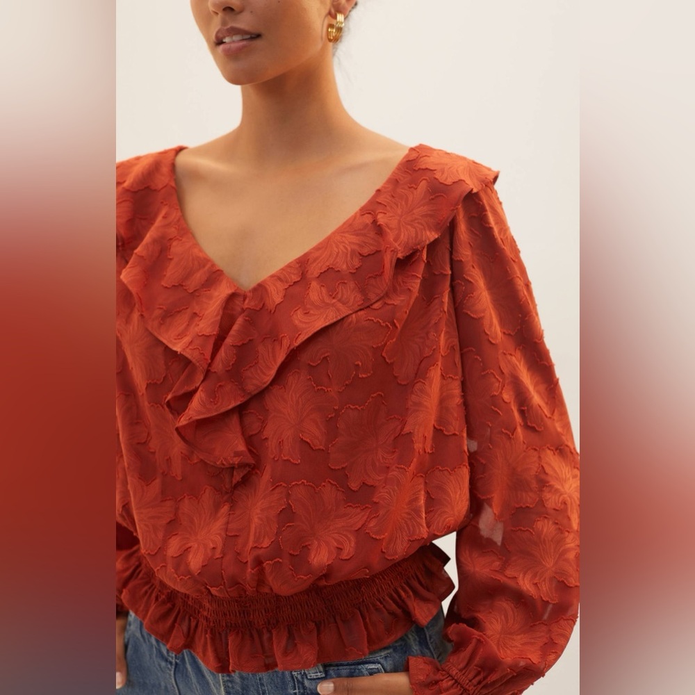 Anthropologie Rust Textured Ruffle Blouse